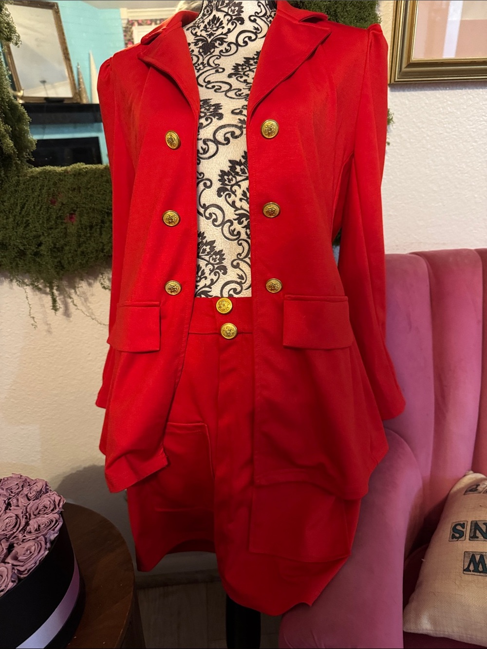 Red Women's Double-Breasted Blazer Jacket and skirt with Gold Buttons